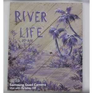 "River Life" Rustic Gray Wood Handpainted Decor Sign 15.5"x12"